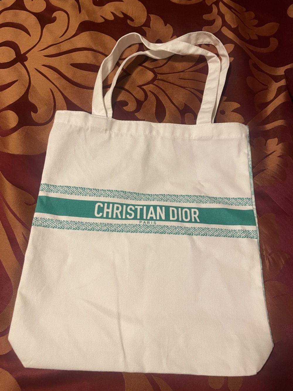 Christian Dior White Canvas Tote with Teal Stripe